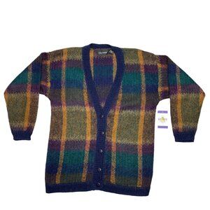 Paul Harris Womens M Plaid Cardigan Sweater Front Button Wool Mohair Blue Yellow